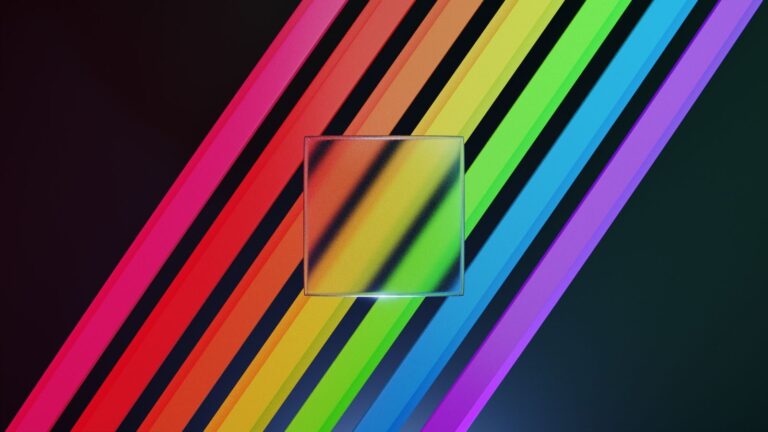 A modern digital art piece featuring vibrant multi-colored diagonal stripes and a transparent square.