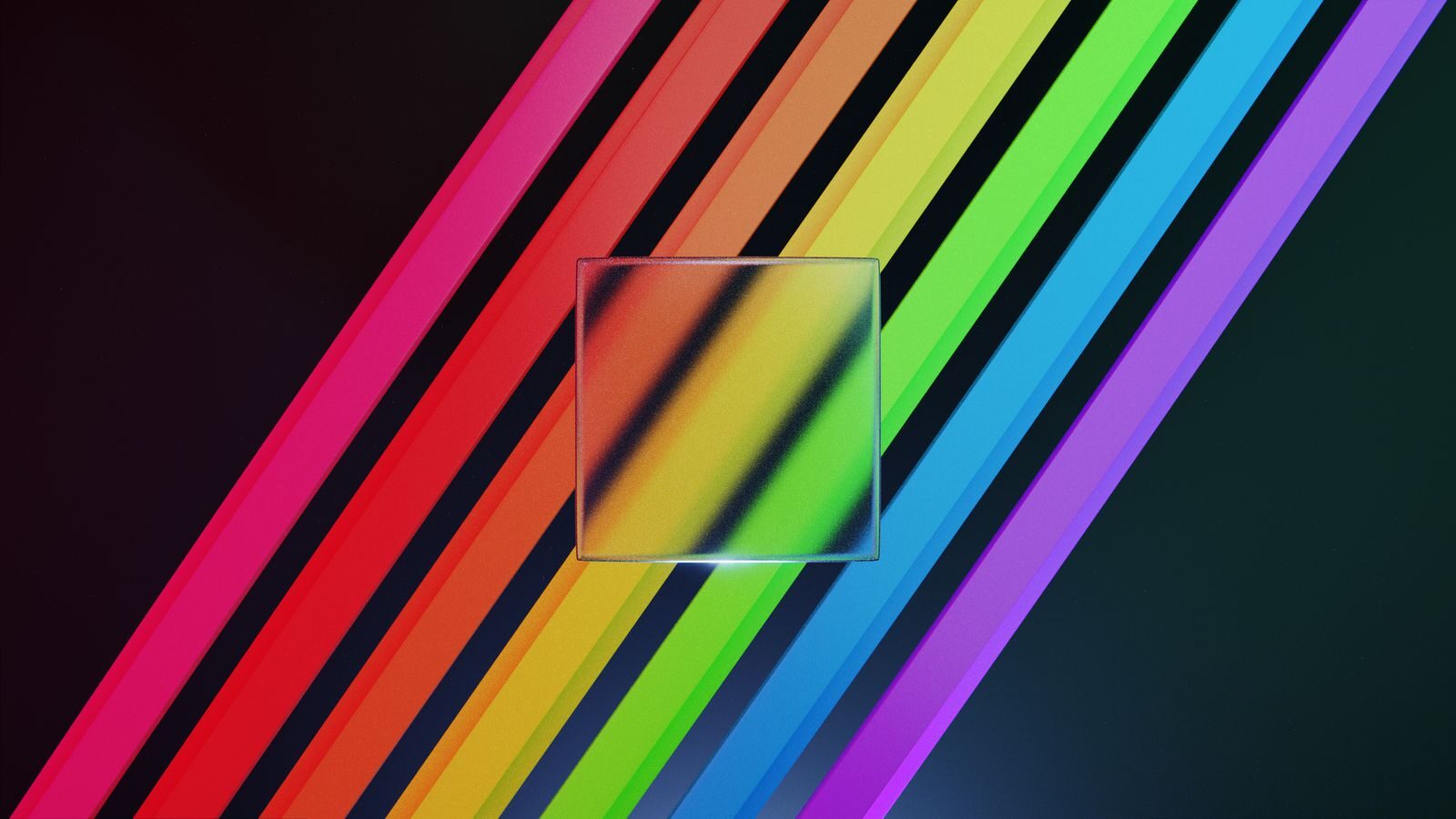 A modern digital art piece featuring vibrant multi-colored diagonal stripes and a transparent square.