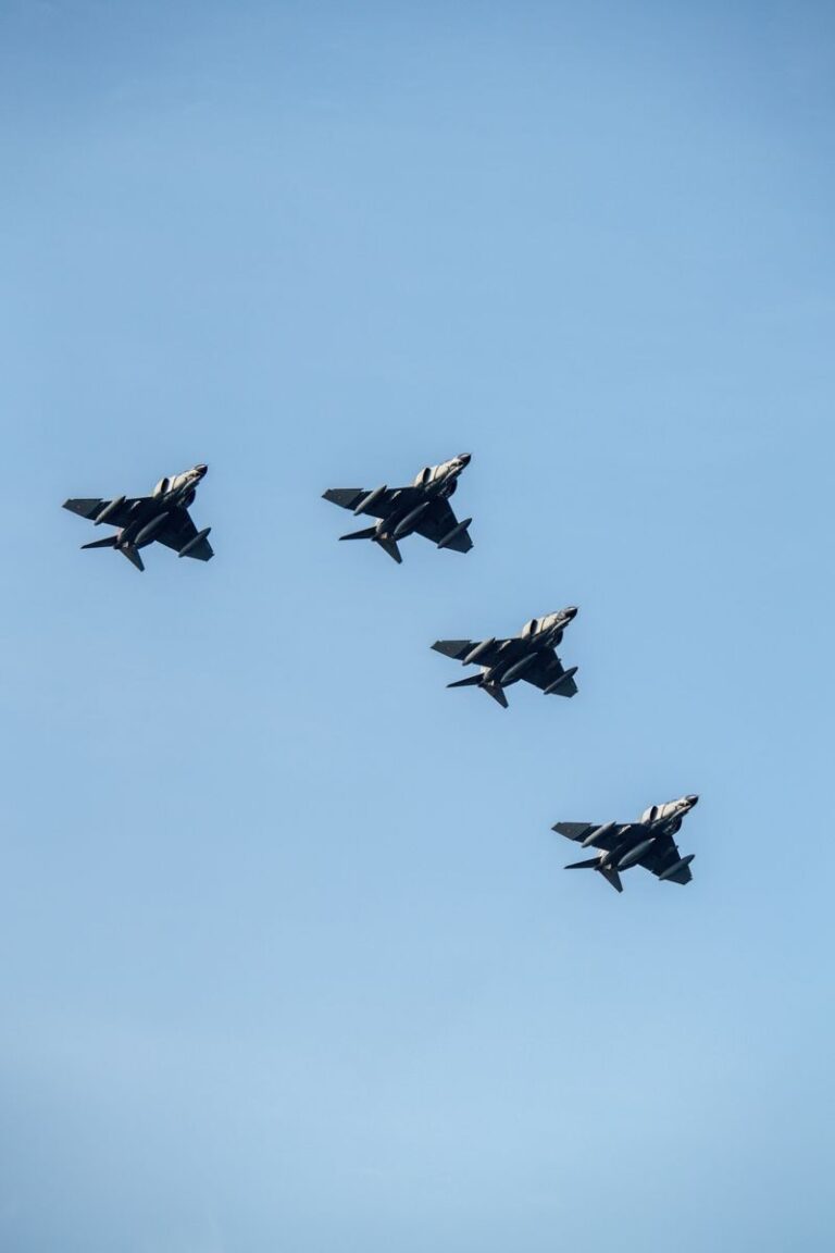 Four military jets flying in formation against a clear blue sky, showcasing precision and power.